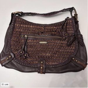 Isabella Fiore Large Leather Woven Hobo Bag Suede Satin Cord Pine cone ornaments